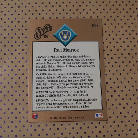Paul Molitor #194 Baseball Card - Picture 2 of 2